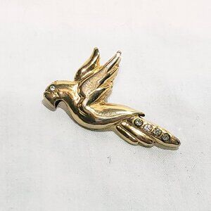 Parrot Flying Bird Gold tone Rhinestone Lapel Pin 1" Vintage